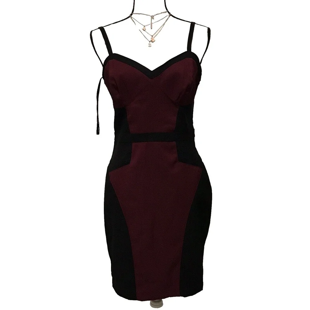 XOXO Colorblock Black Burgundy Sweetheart Neckline Spaghetti Strap Dress Sz 9/10 - Picture 2 of 13